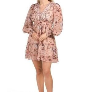O.P.T Floral Pink Boho Prairie Balloon Sleeve Tiered Ruffle Mini Dress Size XS
